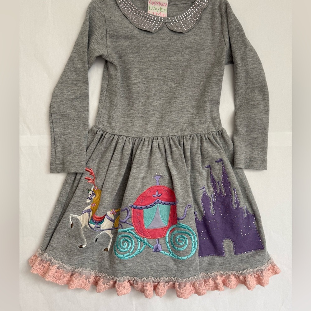 Lemon Loves Lime Gray Dress with Castle and Carriage Design